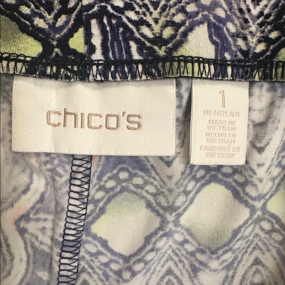 Chico's Size 1 Boho Palazzo Mosaic Printed Wide-Leg Pants Purple Navy Lime - Picture 7 of 9